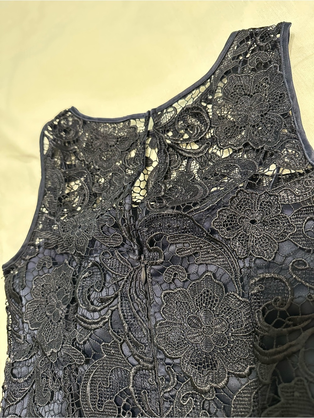 Adrianna Papell Navy Floral Lace Sheath Dress with Scalloped Hem - Picture 5 of 6